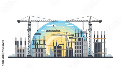 Urban construction with tower cranes and rising buildings in flat style