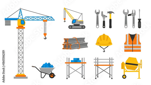 Construction equipment and tools set with cranes, safety gear, and scaffolding in flat design