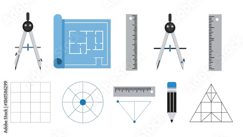 Blueprint and drafting tools set featuring compass and rulers in flat design
