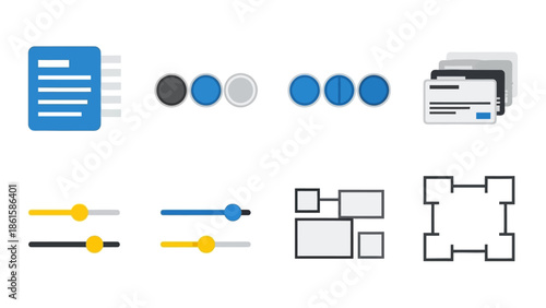 Modern ui elements collection: buttons, sliders, cards, text blocks, wireframes
