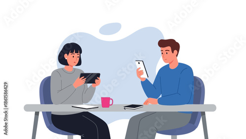 Young adults engaged with mobile devices at table in flat style