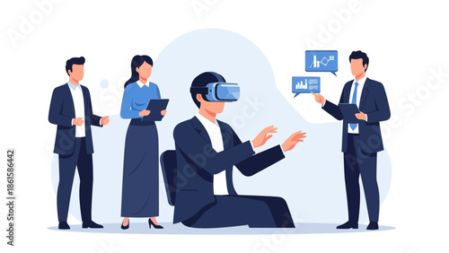 Business team engaging with virtual reality technology for data analysis