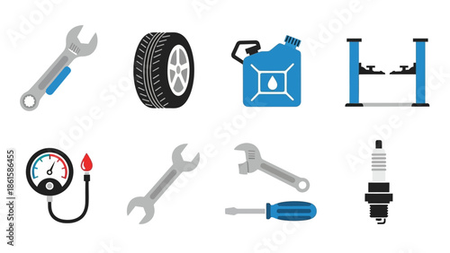 Automotive maintenance tools icons: wrench, tire, oil can, and more in flat design