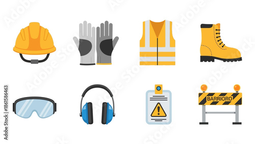 Essential safety equipment icons for workplace protection in flat design