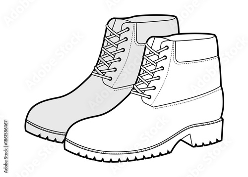 Classic work boot women sketch pair. Lug sole lace ankle boot for versatile city outfit and light trekking. Technical fashion illustration CAD mockup vector man unisex isolated classic style.