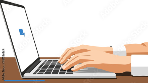 Hands typing on laptop at desk in minimalist workspace scene