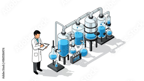 Isometric chemistry lab equipment with scientist in white coat analyzing samples