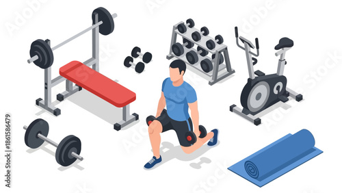 Isometric gym equipment with man exercising: dumbbells, weights, treadmill, and bench press