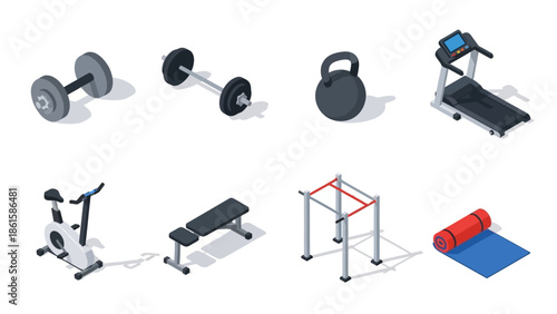 Isometric home gym equipment set with weights and fitness machines