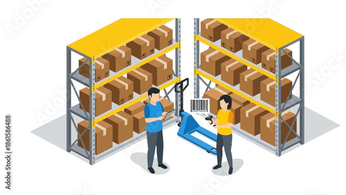 Warehouse inventory management with workers and pallet jack in isometric style
