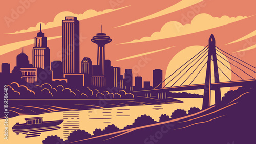 Kansas city skyline with a bridge, boat, and city buildings. Suitable for travel brochures, city guides, website headers.