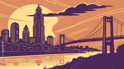 Kansas city skyline and pittsburgh, pennsylvania bridge at sunset, reflecting urban beauty. Suitable for travel, architecture, and cityscape design projects.