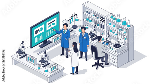 Isometric laboratory research scene with scientists and modern scientific equipment