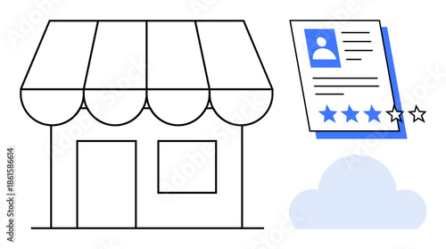 Small shop building with striped awning, online rating card with stars and user profile, blue cloud icon. Ideal for retail, e-commerce, customer reviews, feedback, cloud storage, business digital