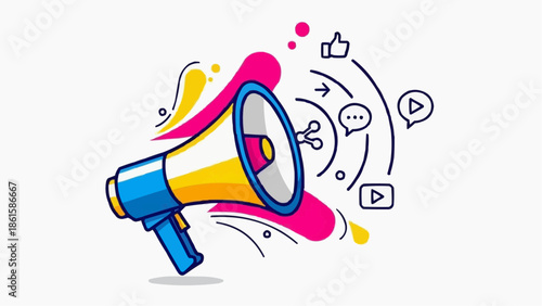 A colorful illustration of a megaphone with social media symbols surrounding it