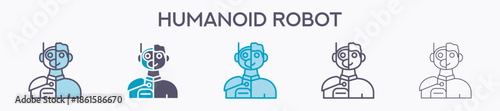 Humanoid Robot Element For Design Graphic - Multi Styles. Vector Illustration Of Two Colored And Black. Multiple Icons Designs Can Be Used For Mobile, Ui, Web 
