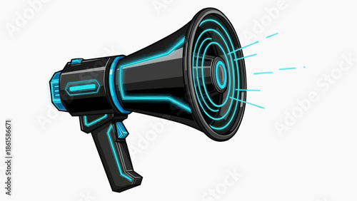 A futuristic black and blue megaphone with neon lights on a white background