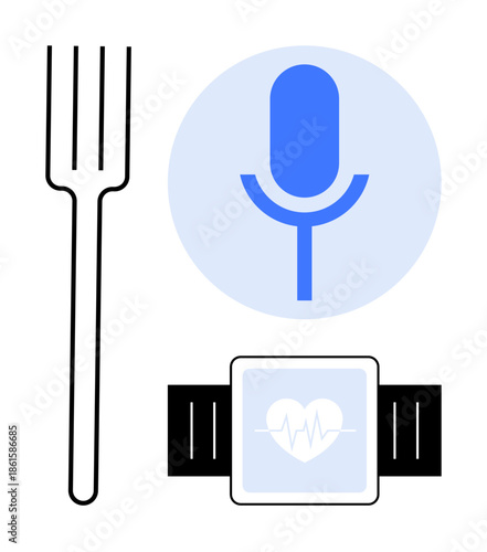 Health tracking, food habits, smart tech, communication tools, fitness monitoring, voice control devices. ion of a smartwatch, fork and microphone icon. Health tracking and smart tech concept