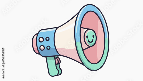 A colorful cartoon megaphone with a smiley face on a white background