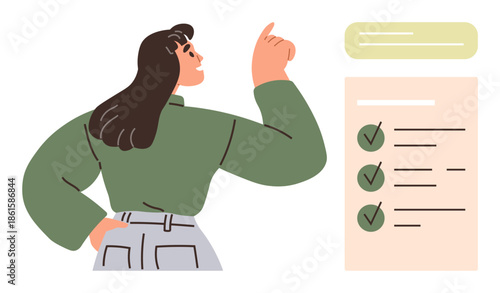 Confident woman in green sweater pointing at checklist with checked items. Ideal for productivity, planning, organization, goal setting, task management, motivation, success. Simple flat metaphor