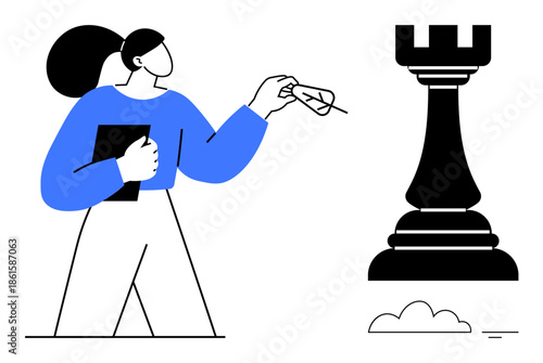 Strategy concept. A woman analyzes a chess piece, strategy, leadership, and planning. Strategy is vital for business, innovation, and growth. For decision-making leadership business planning