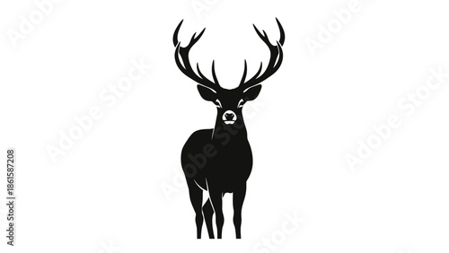 Elegant black deer silhouette with large antlers on white background.