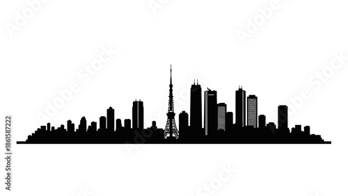 Silhouette of Tokyo city skyline with Tokyo Skytree landmark.