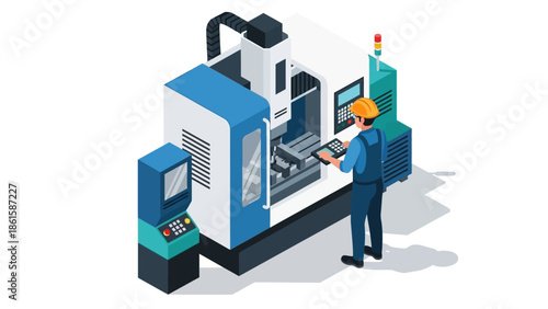 Isometric factory worker operating modern cnc machine in industrial setting