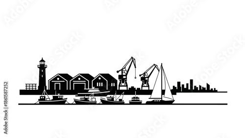 Black and white vector silhouette of a harbor with boats and buildings.