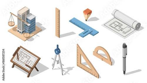 Isometric architecture tools and models set featuring drafting, ruler, blueprint, and compass