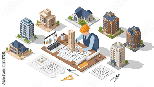 Architect designing urban buildings at desk in isometric style