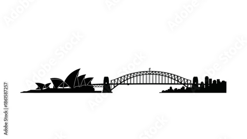 Silhouette of Sydney Opera House and Harbour Bridge on white background.