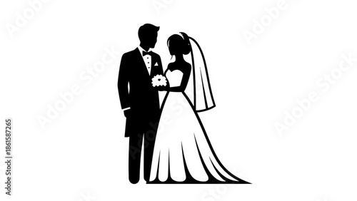 Elegant wedding couple silhouette in formal attire on white background.