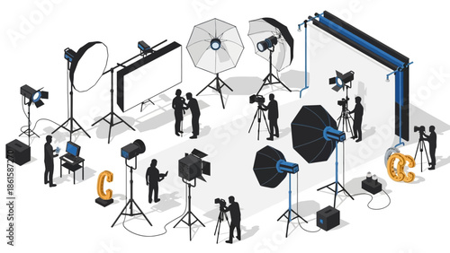 Modern photography studio setup with equipment and lighting in isometric style