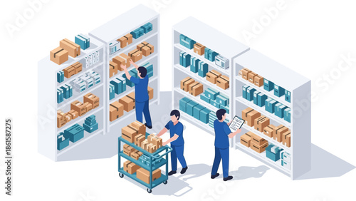 Warehouse management scene with workers organizing packages on shelves