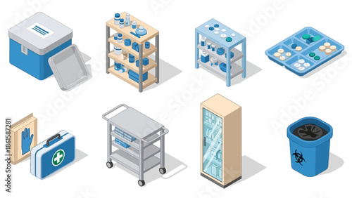 Isometric medical supplies set: first aid kit, medication shelves, biohazard bin