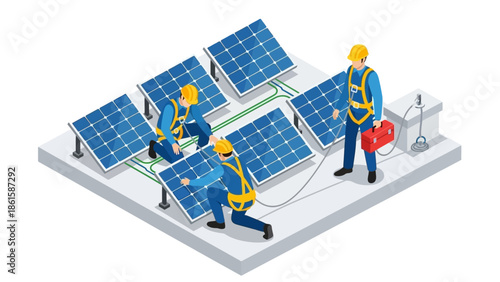 Solar panel installation team working on rooftop in isometric style