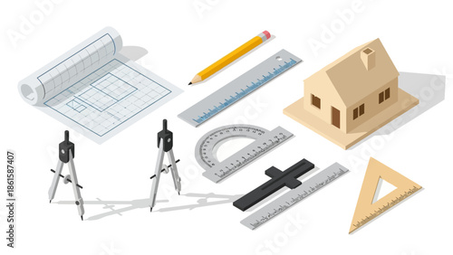 Isometric architectural tools and 3d house model with construction plans