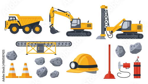Construction equipment and tools set in flat design with heavy machinery and safety gear