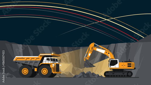 Excavation scene with digger and dump truck in low poly style at night quarry
