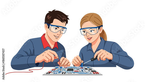 Teamwork in electronics: man and woman collaborating on circuit board