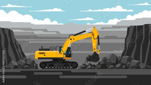 Excavator in quarry landscape with dramatic sky and rocky canyon