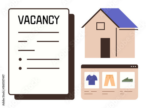Vacancy document, house with blue roof, online storefront window with clothing items. Ideal for employment, hiring, real estate, e-commerce, home lifestyle online shopping work-life balance. Simple