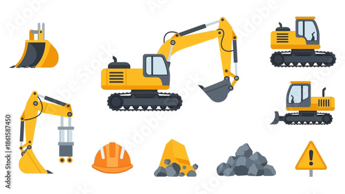 Construction equipment icons: flat excavator and machinery set for building projects