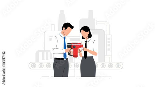 Business professionals using modern tools in an industrial setting