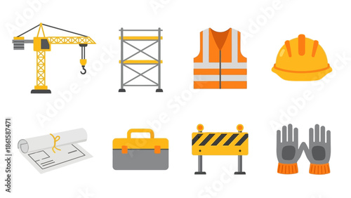 Construction site elements with cranes, tools, and safety gear in flat style