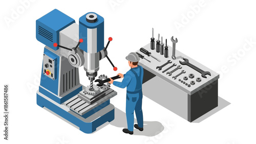 Isometric workshop scene featuring machinist operating drill press next to tool bench