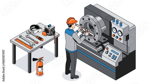 Isometric engineer working with cnc machine in industrial workshop setting