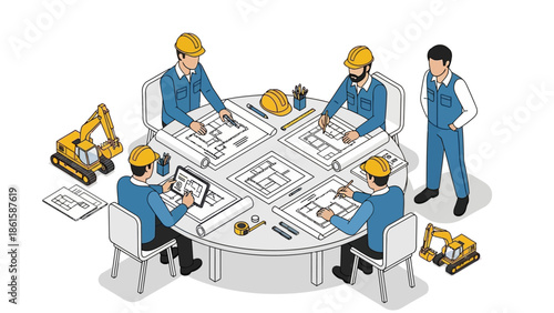 Collaborative engineering team at work with construction plans and miniature excavator models