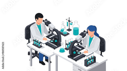Scientists analyzing samples in laboratory with microscopes and test tubes in isometric style